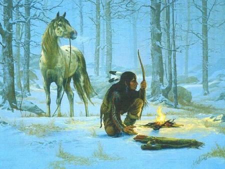 Guerrier indien pres de son feu de camp